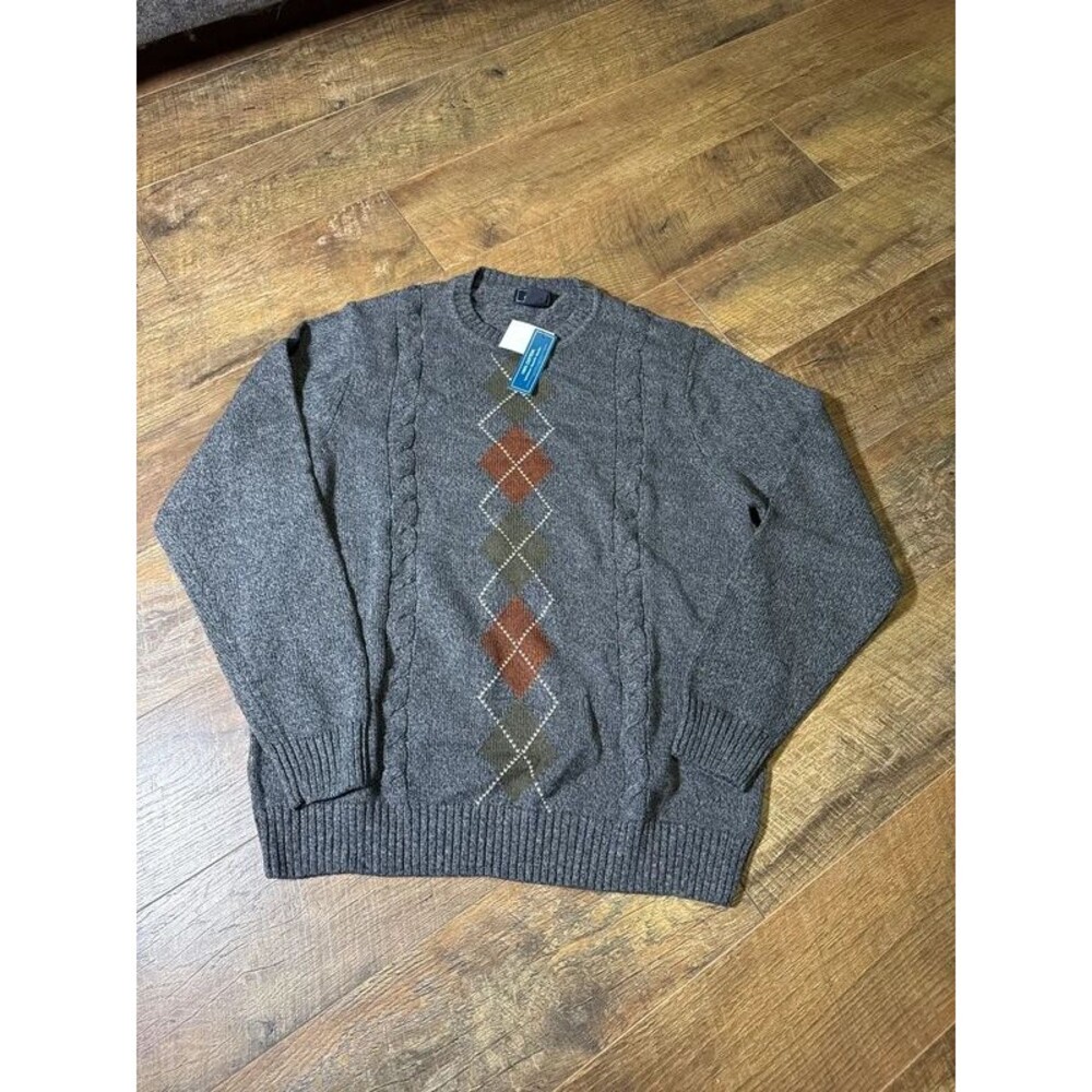 Dickers Argyle Cotton Sweater Size Large Gray Crew Neck